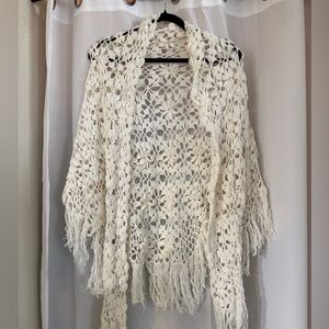 Boho Crochet Floral Fringe Poncho Wrap Festival White
